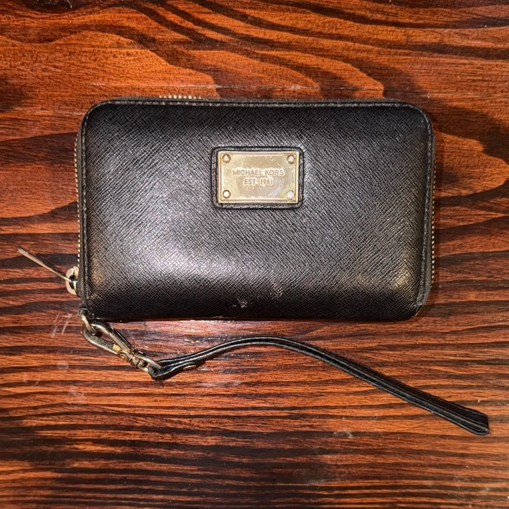 Michael Kors Black Leather Zip Wristlet with Gold Plate